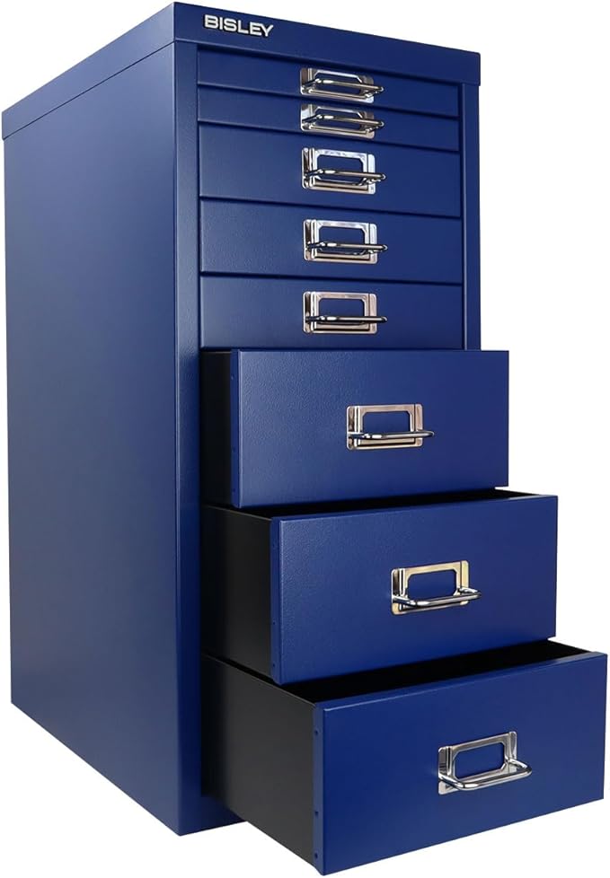 Bisley 8-Drawer Steel MultiDrawer Cabinet - Oxford Blue, Chrome Pull Handles with Label Holders, Powder-Coated Steel, Removable Drawers, Fits Under Most Desks, Labels Included