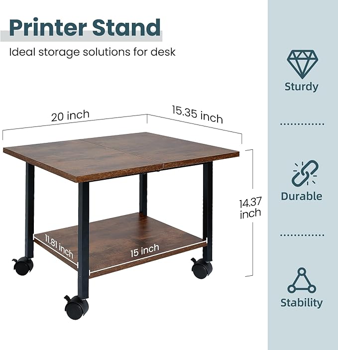 SwaaVee Printer Stand with Storage Under Desk Shelf, Desktop Printer Stand Organizer, Rolling Printer Cart Storage Paper Files Holder for Desk, Office, Home, (Rustic Brown)