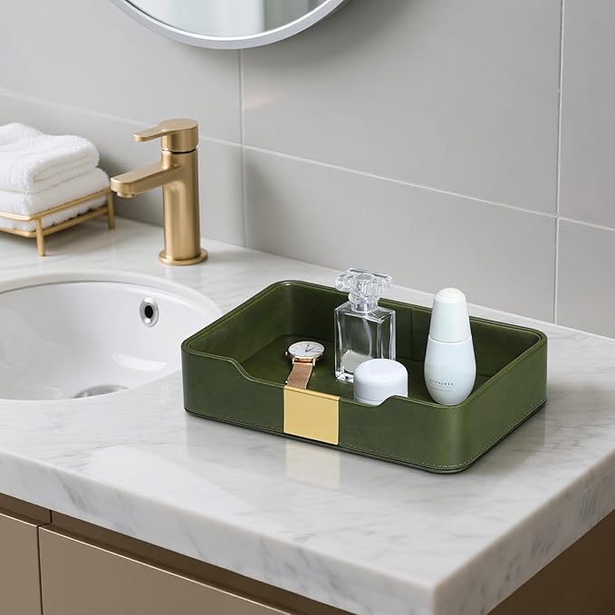 10.2" x 6.7" Nightstand Organizer Tray with Gold Accent, Decorative Valet Trays Cologne Organizer for Men, Key Bowl Perfume Trinket Tray for Dresser Bedside Entryway Table (Olive Green)