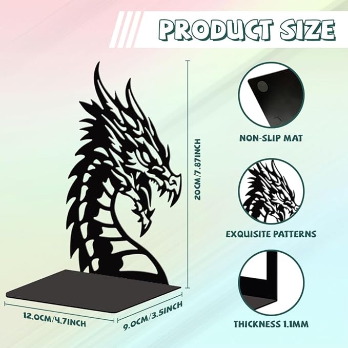 Peacoblue Metal Bookends for Shelves, Modern Decorative Heavy Duty Study Book Support Stoppers for Office, Desk, Shelf, Room 5.3"x4.3"x7.9" Cast Iron Simple Tall Bookends, 1 Pair (Dragon Head)