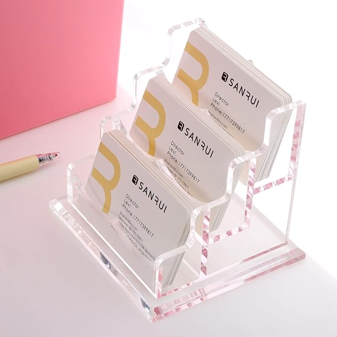 SANRUI Acrylic Business Card Holder for Desk, Horizontal Clear Name Card Display Stand Desktop Display Stand for Business Cards, Business Card Organizer, Perfect for Offices & Professionals 3 Slots