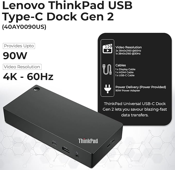 40AY0090US Lenovo Thinkpad Docking Station Dual Monitor - Supports 4K Display, Universal Lenovo Gen 2 Dock with 90W Adapter, HDMI, DisplayPort, USB-C Cables & Cloth (Renewed)
