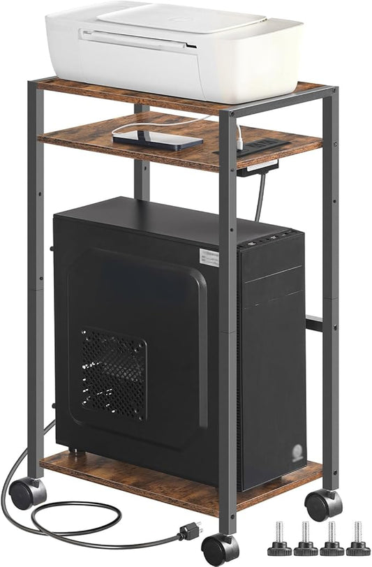 HOOBRO Computer Tower Stand, 3-Tier PC Tower Stand, PC Stand with Charging Station, Mobile CPU Stand Fits Most PC, Adjustable Shelf, for PC Tower, Printer, Home Office, Rustic Brown BF12UCJ01