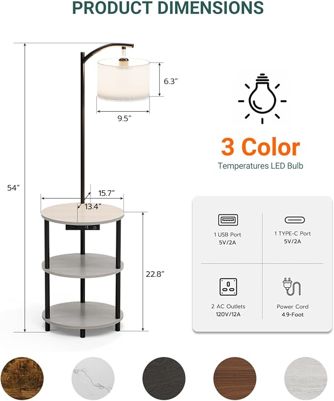Round Side Table with Lamp and USB Ports, 3-Tier Small End Table for Living Room & Bedroom, Rustic Wood Metal Nightstand for Small Spaces, Easy to Assemble, Greige