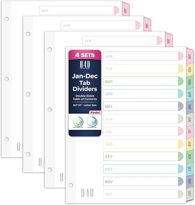 H4D Monthly Binder Dividers for 3-Ring Binder, Jan-Dec 12 Tab Dividers with Customizable Table of Contents, Multicolor Tabs, Reinforced Holes, Letter Size, Pastel, 4 Sets