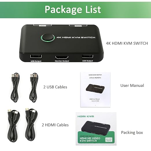 4K KVM Switch HDMI 2 Port Box - KVM Switch for 1 Monitor and 2 Computers 4K@60Hz for Sharing Monitor, Keyboard, Mouse, Hard Drives, and Printer – Includes 2 HDMI & USB Cables, and One-Button Swapping