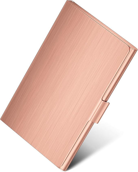MaxGear Metal Business Card Holder for Men & Women, Stainless Steel Business Card Case Holds 10–20 Cards, Slim Pocket Name Cards Holder with Interior Lining & Buckle Closure, Rose Gold
