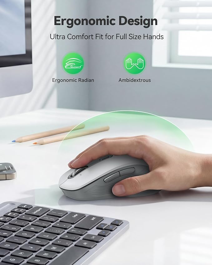 TECKNET Rechargeable Bluetooth Mouse, [ USB + BT5.0 + BT3.0 ] Wireless Mouse, Ergonomic 4-Way Scroll Wheel Computer Mice, 6-Level 4800 DPI Silent Mice, Multi-Device for Computer/Laptop/MacBook (White)