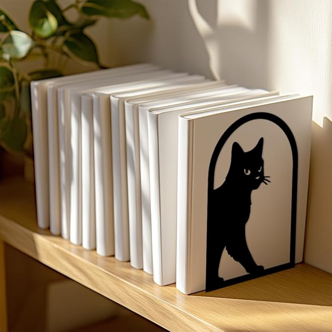 Peacoblue Metal Bookends for Shelves, Modern Decorative Heavy Duty Study Book Support Stoppers for Office, Desk, Shelf, Room 5.3"x4.3"x7.9" Cast Iron Simple Tall Bookends, 1 Pair (Cute Cat)