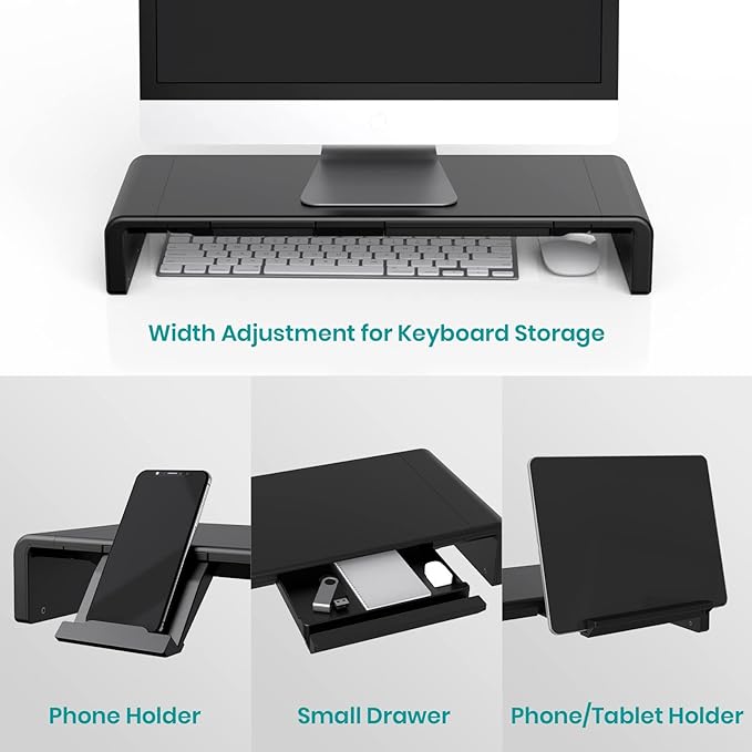 Monitor Stand Riser, Klearlook Foldable Computer Monitor Riser, Height Adjustable Computer Stand, Desk Shelf Riser with Storage Drawer & Tablet Phone Stand for Computer, Desktop, Laptop (Black 2 Pack)