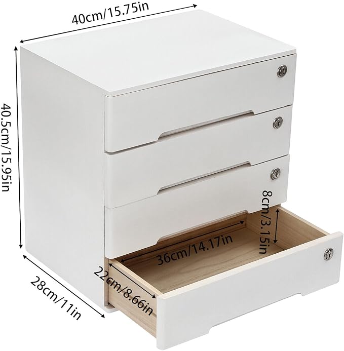 Wooden Desk Organizer with Drawers & Lock, Desktop Countertop Storage Cabinet Lockable Home Office Supplies File Tabletop Organizing Unit (4 Drawer - Modern White)