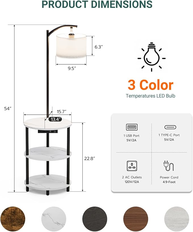 Round Side Table with Lamp and USB Ports, 3-Tier Small End Table for Living Room & Bedroom, Rustic Wood Metal Nightstand for Small Spaces, Easy to Assemble, Marble White