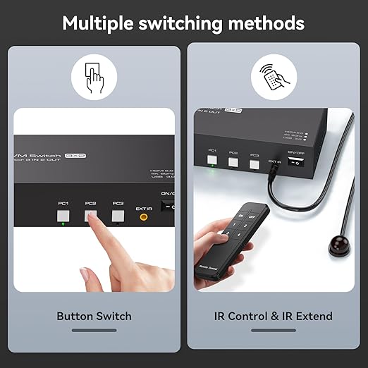 HDMI KVM Switch 2 Monitors 3 Computers Support 4K@60Hz USB 3.0 KVM Switches Share Dual Monitors and 4 USB 3.0 Ports Support Extended/Copy Mode with DC 12V Adapter&Wired Controller