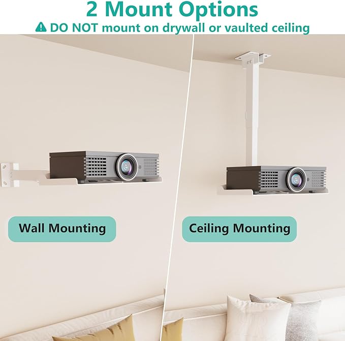 WALI Projector Ceiling Mount Tray, Height Adjustable Wall Mount Holder for Projectors, Hidden Cable Management, Fits Projectors up to 22lbs, 13.7" x 8.6" Platform, White (PM-005-W)