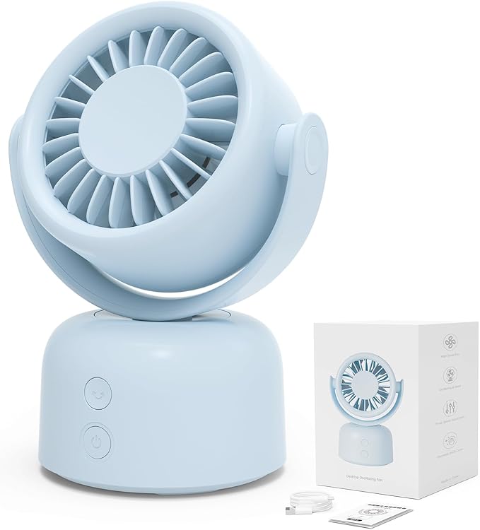 Small Oscillating Desk Fan, Rechargeable USB C Personal Fan, 3 Speeds Quiet Mini Desk Fan with Auto 90° Oscillation & 120° Manual Tilt, 3600mAh Battery Operated Portable Fan for Home Office Bedroom