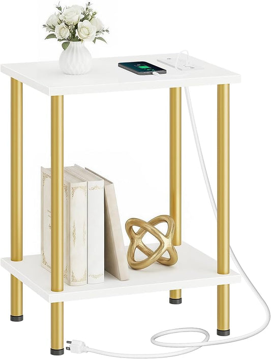HOOBRO Side Table with Charging Station, End Table with USB Port and Outlet, Nightstand with 2-Layer Storage Shelves for Small Spaces, Living Room, Bedroom, Stable Frame, White and Gold DW09UBZ01