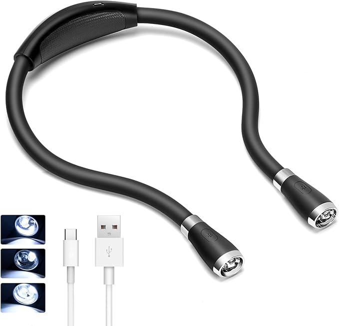 LED Neck Book Light USB Rechargeable, Hands Free, 4 Super Bright LED Bulbs, 3 Adjustable Brightness, Best for Reading in Bed, Knitting, Walking, Jogging, Mending in Night (Black)