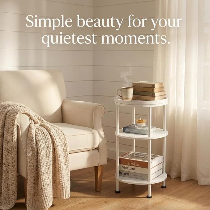Small Round Side Table with Tray Top (Patented Design), 11.8" Narrow End Table for Small Spaces, 3-Tier Modern White Nightstand, Original Accent Furniture for Living Room Bedroom (Classic, White)