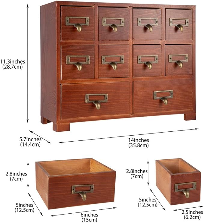 Apothecary Cabinet with 10 Drawers & Labels Rustic Library Card Catalog Cabinet Desktop Wooden Storage Box for Organize Herbal、Tea Bag、Jewelry (Brown)