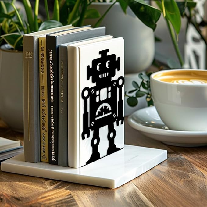 Peacoblue Metal Bookends for Shelves, Modern Decorative Heavy Duty Study Book Support Stoppers for Office, Desk, Shelf, Room 5.3"x4.3"x7.9" Cast Iron Simple Tall Bookends, 1 Pair (Robot)