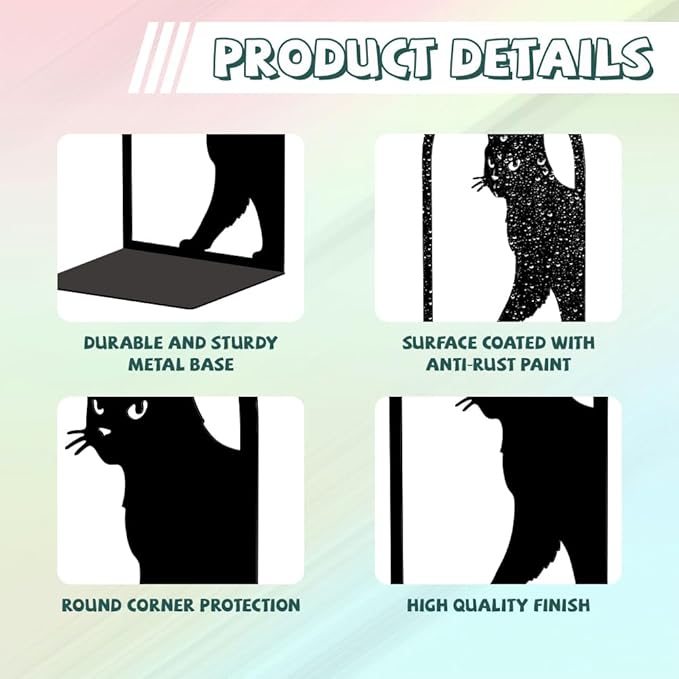Peacoblue Metal Bookends for Shelves, Modern Decorative Heavy Duty Study Book Support Stoppers for Office, Desk, Shelf, Room 5.3"x4.3"x7.9" Cast Iron Simple Tall Bookends, 1 Pair (Cute Cat)