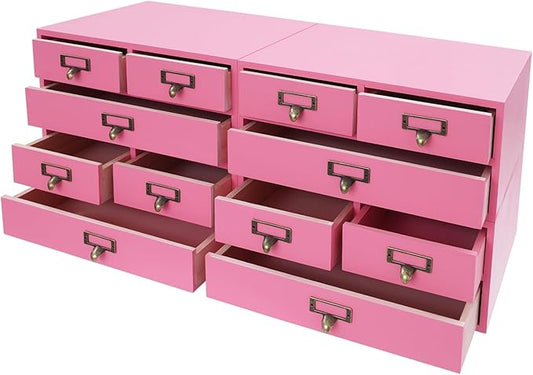 4 Packs Vintage Desktop Apothecary Cabinet with 3 Drawers,Wood Desktop Organizers Stackable Drawers Desktop Chest Drawer for Herb Storage,Tea Collection,Stationery (Pink)