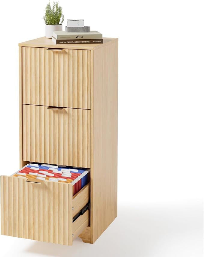 VINGLI Tall 3 Drawer File Cabinet, Home Office Filing Organizer, for Letter Size File Folder Storage, Modern Style Fluted Design, Wood Vertical Filing Cabinet, Printer Stand, Archivador (Oak)