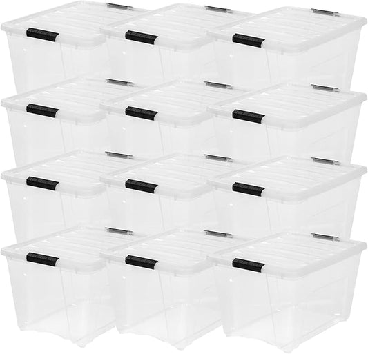 IRIS USA 54 Qt Stackable Plastic Storage Bins with Lids, 12 Pack - BPA-Free, Made in USA - See-Through Organizing Solution, Latches, Durable Nestable Containers, Secure Pull Handle - Clear