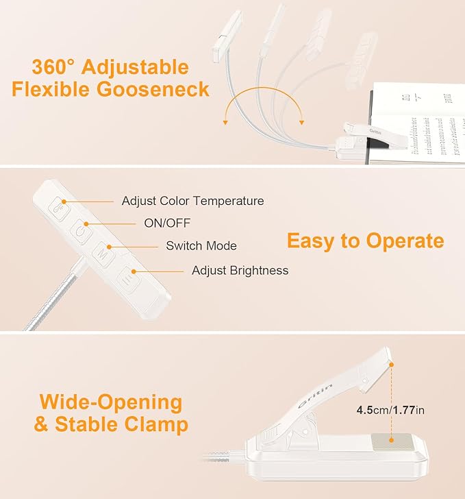 Gritin 2026 Gen 2 Book Light for Reading- 32 Eye Caring Full Spectrum LED, 5 Colors & 5 Brightness, Adjustable Wide/Narrow Beam, Upgrade 1500mAh Long-Lasting Clip on Light for Book Lovers-White