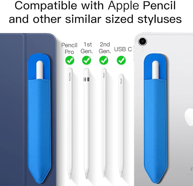 MoKo Pencil Holder Sticker Fit Apple Pencil Pro, Apple Pencil (USB-C), Apple Pencil 1st/2nd Generation, Elastic Pencil Pocket Pouch Adhesive Sleeve Attached to iPad Case for Stylus Pens, Cobalt Blue