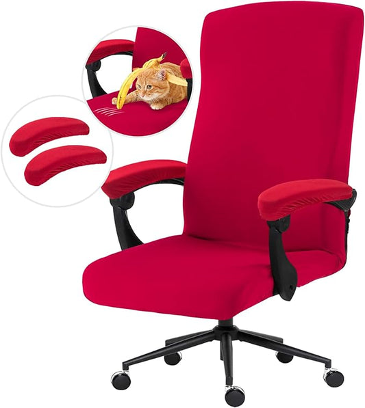 Stretch Computer Office Chair Cover with Armrest Covers Durable Zipper Universal Washable Removable Spandex Rotating Boss Chair Slipcovers Anti-dust Soft Desk Chair Seat Protector, Red