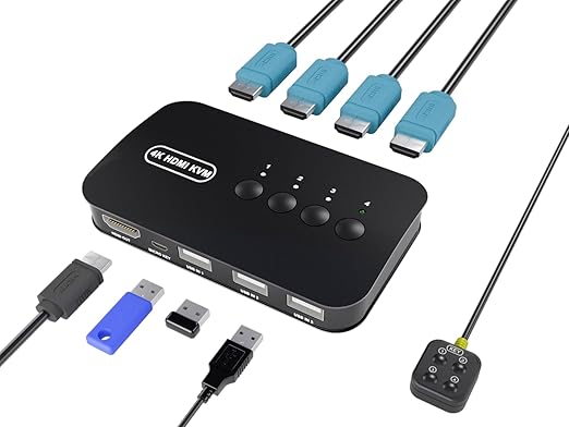 HDMI KVM Switch 4 Port -USB KVM for 4 Computers Share Keyboard Mouse Printer,Flash Drive,HD Monitor, Support 4K@30Hz, 4 HDMI KVM Cables 1 Desktop Controller Included