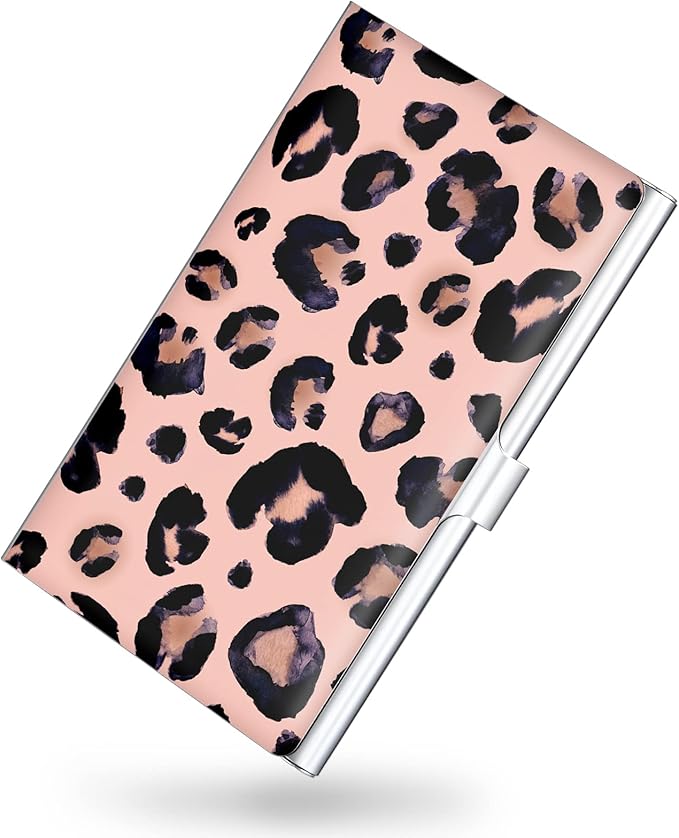 Business Card Holder，Color Printing Men's and Women's Business Card Case，Ultra-Thin Metal Business Card Organizer，Carry-on Pocket Wallet Business Card Holder,Pink Leopard Print