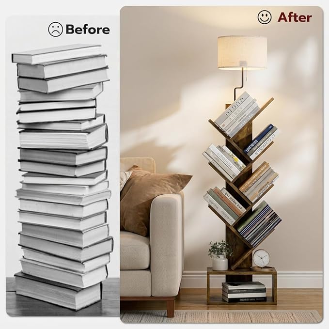 6 Tier Tree Bookshelf with Lights - Small Bookshelf Decor, Corner Bookshelf with Lamps, Living Room Storage, Tall Narrow DVD & CD Shelf, Comic Bookcases Standing for Bedroom or Office, Rustic Brown