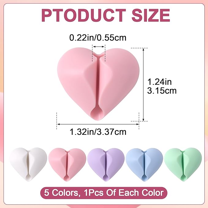 5 Pcs Cable Clips Cord Holder, Heart Shaped Wire Holders for Cords, Colorful Adhesive Cable Management Charger Holder Clips for Office Nightstand desk- White, Green, Pink, Blue, Purple