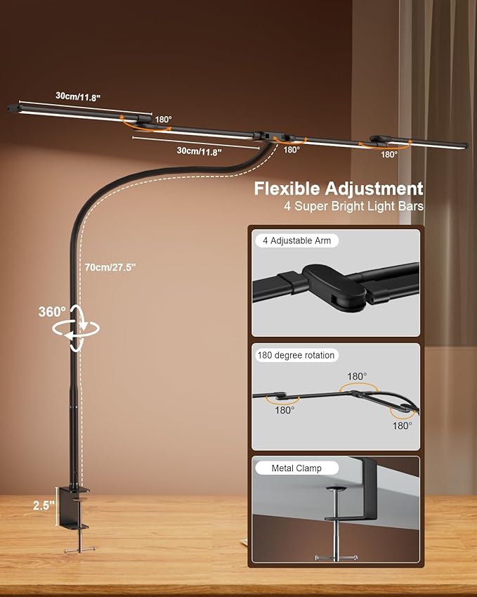Desk Lamp Clamp Light 24W, Ultra Wide 4 Head Bars, 5 Color Modes Dimming, Multi-Screen Setup Desk Light for Office, Architect (Black, Adapter Included)