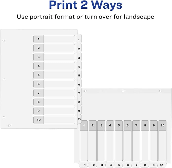 Avery Dividers for 3 Ring Binders, 10 Tabs per Set, Customizable Table of Contents, Classic White Tabs, Great for Organizing Reports, Projects, and More (6 Sets of 11823)