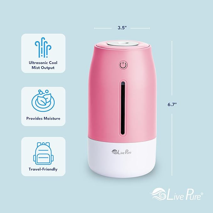 LivePure Cool Mist Humidifiers for Bedroom. Small Humidifier for Babies, Nursery, Plants, Office. Ultrasonic Cool Mist Humidifier w/Quiet Operation, USB-C Rechargeable. Rose Quartz