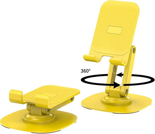 360° Rotating Cell Phone Stand for Desk, Adjustable & Foldable Phone Holder, Aluminum Desktop Phone Stand with Anti-Slip Base, Compatible with iPhone, iPad, Android Phones, K69-Yellow