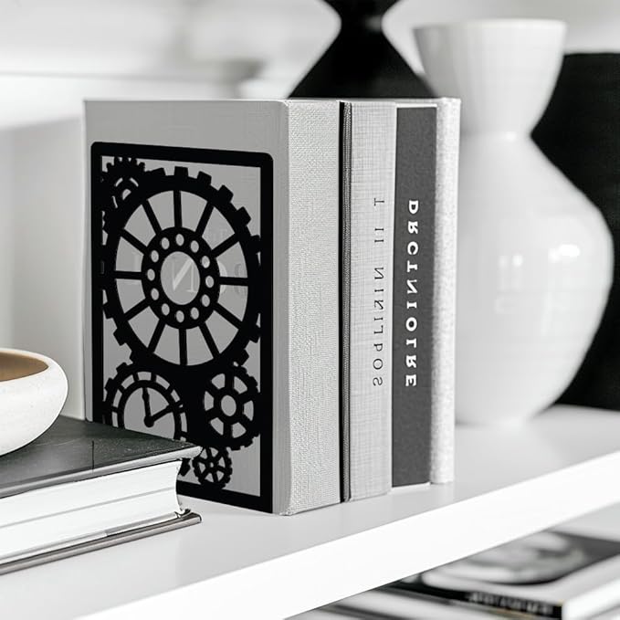 Peacoblue Metal Bookends for Shelves, Modern Decorative Heavy Duty Study Book Support Stoppers for Office, Desk, Shelf, Room 5.3"x4.3"x7.9" Cast Iron Simple Tall Bookends, 1 Pair (Steampunk Gear)