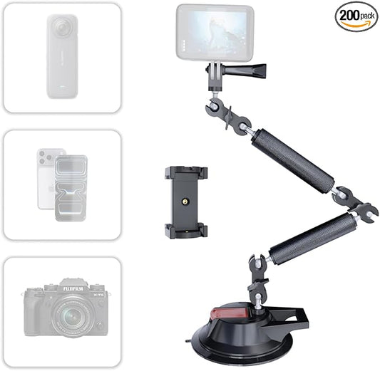 4.5" Suction Cup Magic Arm Mount Kit：Versatile Car Mount & Desktop Phone Holder Complete with 1/4" Thread Phone Holder & Camera Adapter | Perfect for Phone、Webcam、Action Camera、Video Light