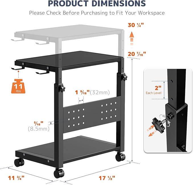 PUTORSEN Computer Tower Stand Cart - 2-Tier CPU Cart with 4 Casters, Rolling Holder with Pegboard & 2 Hooks, Height Adjustable from 20 7/16" to 30 1/4", for Office Home Gaming