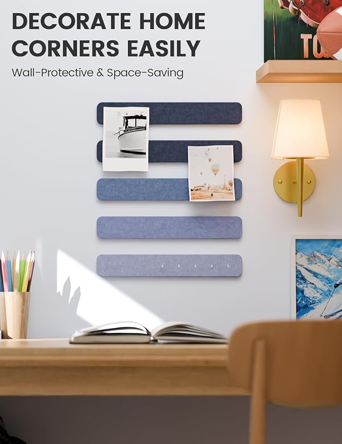Fluxynara Cork Board Alternative Felt Strip Board 8-Pack 13"x2", Office Pin Board with 50 Push Pins, Adhesive Install for Bedroom Door & Home Office(Denim Mist)