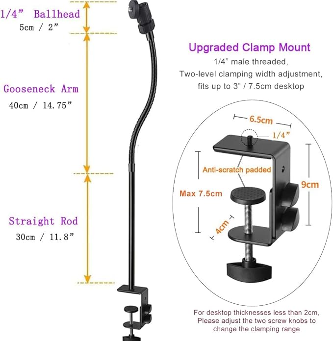 Webcam Stand Phone Holder Desktop Adjustable Gooseneck & Pole Video Clamp Stand Camera Mount for Cellphones, Logitech Webcam C922 C930e C920S C920 C615, Etc. (1/4" Threads, 7.5cm Clamp)