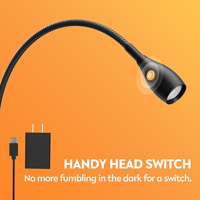 acegoo Minimalist Reading Light for Bed Headboard Dimmable Book Light Clip on Lamp with USB-C Adapter, Flexible Neck & Handy Lamp Head Switch, CRI 90+