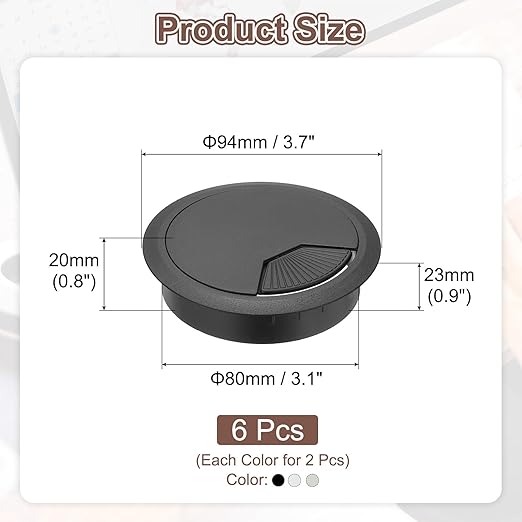 PATIKIL 3.1 Inch/80mm Desk Grommet, 6Pcs Cable Grommet Wire Management Cable Hole Cover Cord Organizer for Office Home Table Countertop, Silver/Black/Light Gray