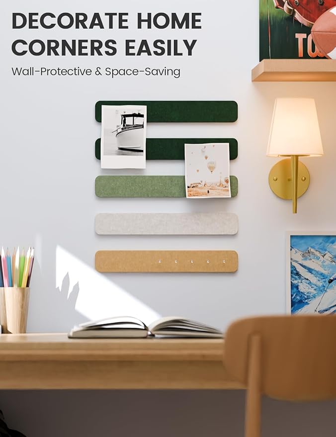 Cork Board Alternative Felt Strip Board 8-Pack 13"x2", Office Pin Board with 50 Push Pins, Adhesive Install for Bedroom Door & Home Office(Moss Glimmer)