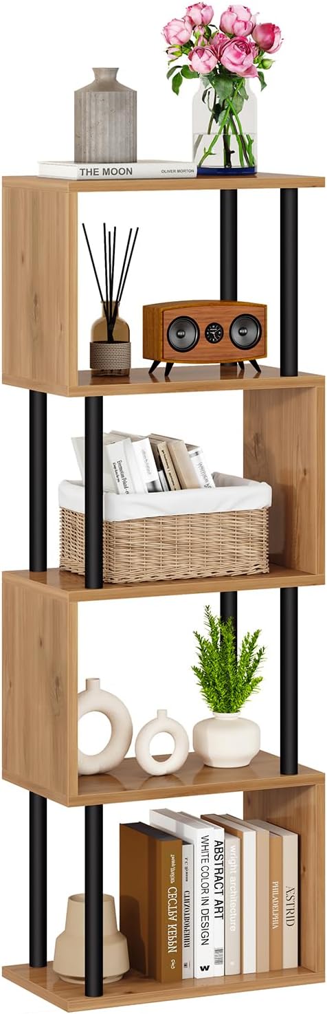 IBUYKE 5-Tier Tall Bookshelf,S-Shaped Geometric Bookcase, Wood Display Shelves with Storage,Modern Bookshelf for Living Room Bedroom, Home Office,Oak WBC015K