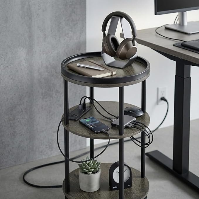 Small Round Side Table with Charging Station for Small Spaces, 3-Tier Accent Table with USB Ports & Power Outlets, Sofa Corner Tea Table for Living Room Nightstand Bedroom Apartment (Grey)