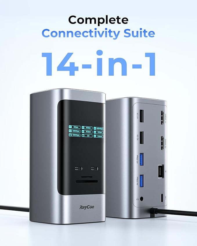 RayCue 14 in 1 Docking Station Dual Monitor, 2 * 4K HDMI, 6 USB Ports, 5 Shortcut Button, 1Gbps Ethernet, PD3.0(No Power Adapter), Laptop Docking Station for Dell/HP/Lenovo/Asus/Acer/Mac